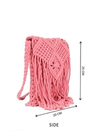 ASTRID Pink  Macrame Sling Bag With Flapover Fringes  -  Free Size, Pink, Macrame, Pack of1